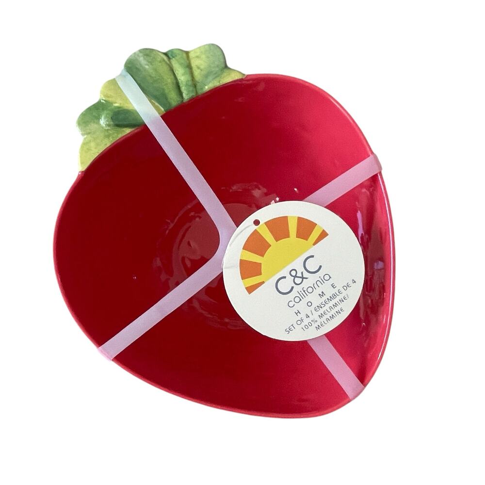 C&C California Red Strawberry Shaped Melamine Bowls 7in Set of 4 NEW